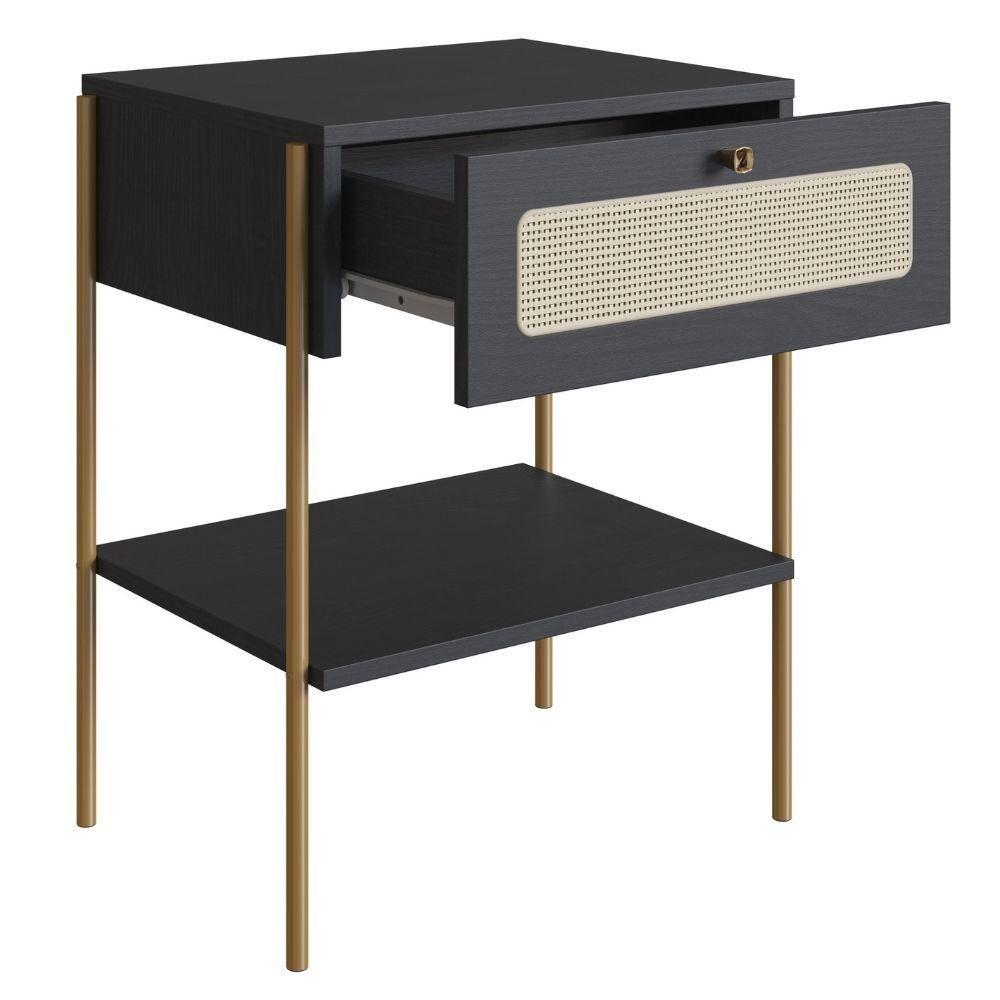 Mesa Cabeceira 1 Gaveta Oslo Artesano 48 Cm (largura) Mdp Nero Palha Sintética Bege Pé Metal Dourado - 2