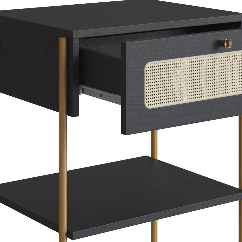 Mesa Cabeceira 1 Gaveta Oslo Artesano 48 Cm (largura) Mdp Nero Palha Sintética Bege Pé Metal Dourado - 3