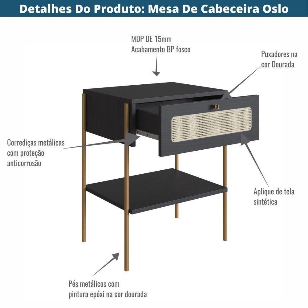 Mesa Cabeceira 1 Gaveta Oslo Artesano 48 Cm (largura) Mdp Nero Palha Sintética Bege Pé Metal Dourado - 4