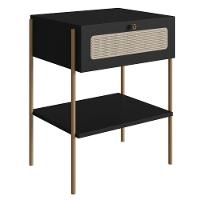 Mesa Cabeceira 1 Gaveta Oslo Artesano 48 Cm (largura) Mdp Nero Palha Sintética Bege Pé Metal Dourado - 1