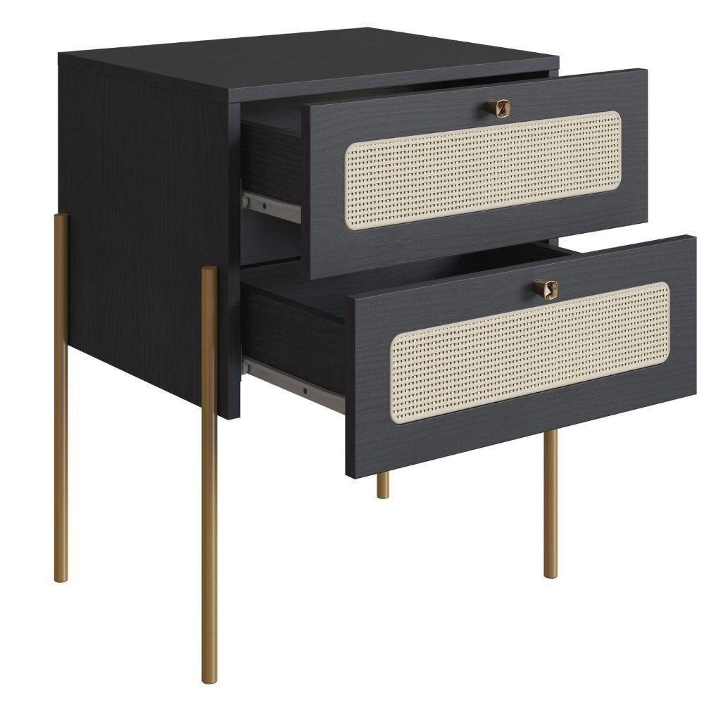 Mesa Cabeceira 2 Gavetas Oslo Artesano 48 Cm (larg) Mdp Nero Palha Sintética Bege Pé Metal Dourado - 2