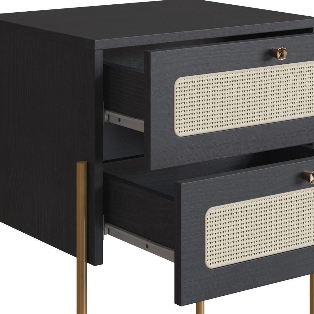Mesa Cabeceira 2 Gavetas Oslo Artesano 48 Cm (larg) Mdp Nero Palha Sintética Bege Pé Metal Dourado - 3