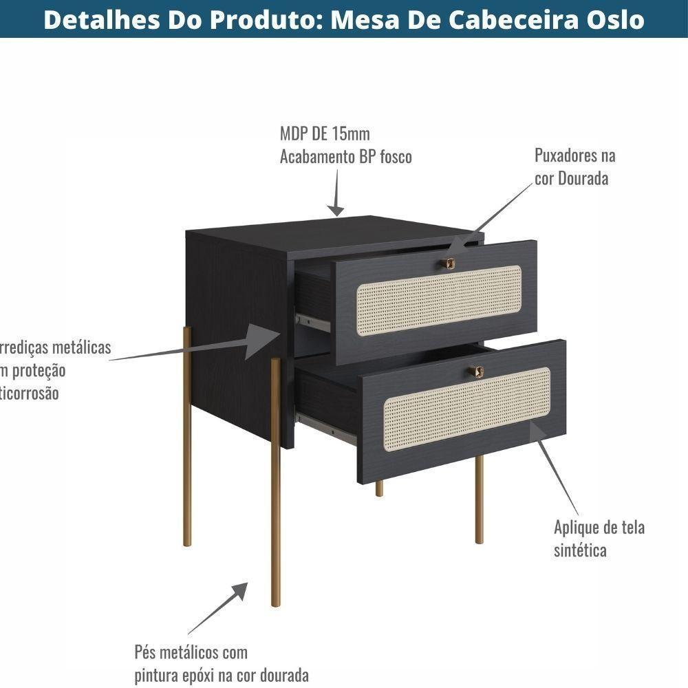 Mesa Cabeceira 2 Gavetas Oslo Artesano 48 Cm (larg) Mdp Nero Palha Sintética Bege Pé Metal Dourado - 4