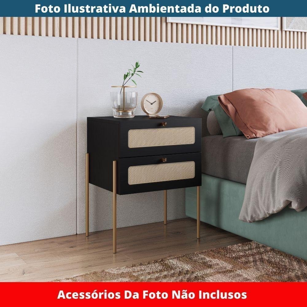 Mesa Cabeceira 2 Gavetas Oslo Artesano 48 Cm (larg) Mdp Nero Palha Sintética Bege Pé Metal Dourado - 5