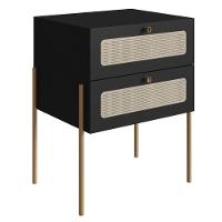 Mesa Cabeceira 2 Gavetas Oslo Artesano 48 Cm (larg) Mdp Nero Palha Sintética Bege Pé Metal Dourado - 1