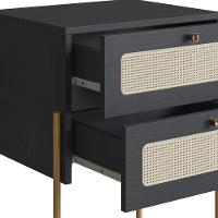 Mesa Cabeceira 2 Gavetas Oslo Artesano 48 Cm (larg) Mdp Nero Palha Sintética Bege Pé Metal Dourado - 3