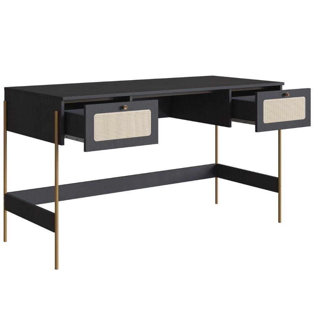 Escrivaninha 2 Gavetas Oslo Artesano 139 Cm (largura) Mdp Nero Palha Sintética Bege Pé Metal Dourado - 2