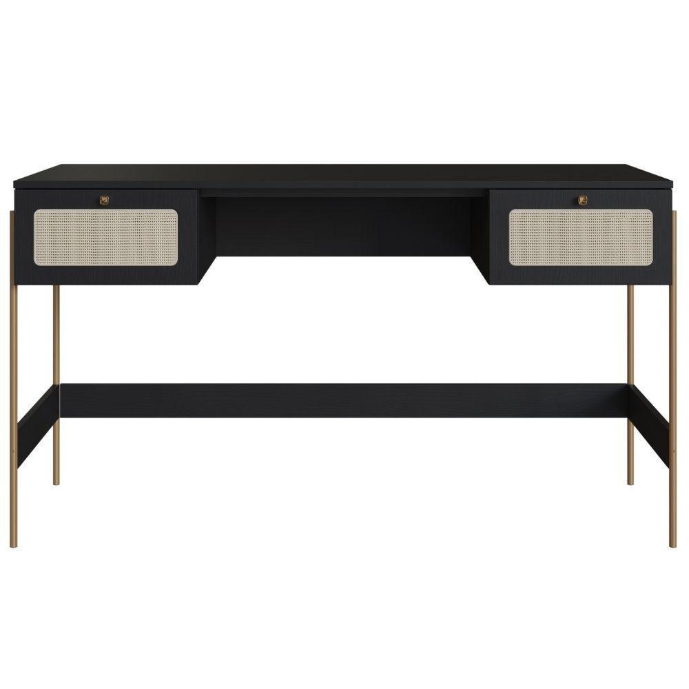 Escrivaninha 2 Gavetas Oslo Artesano 139 Cm (largura) Mdp Nero Palha Sintética Bege Pé Metal Dourado - 3