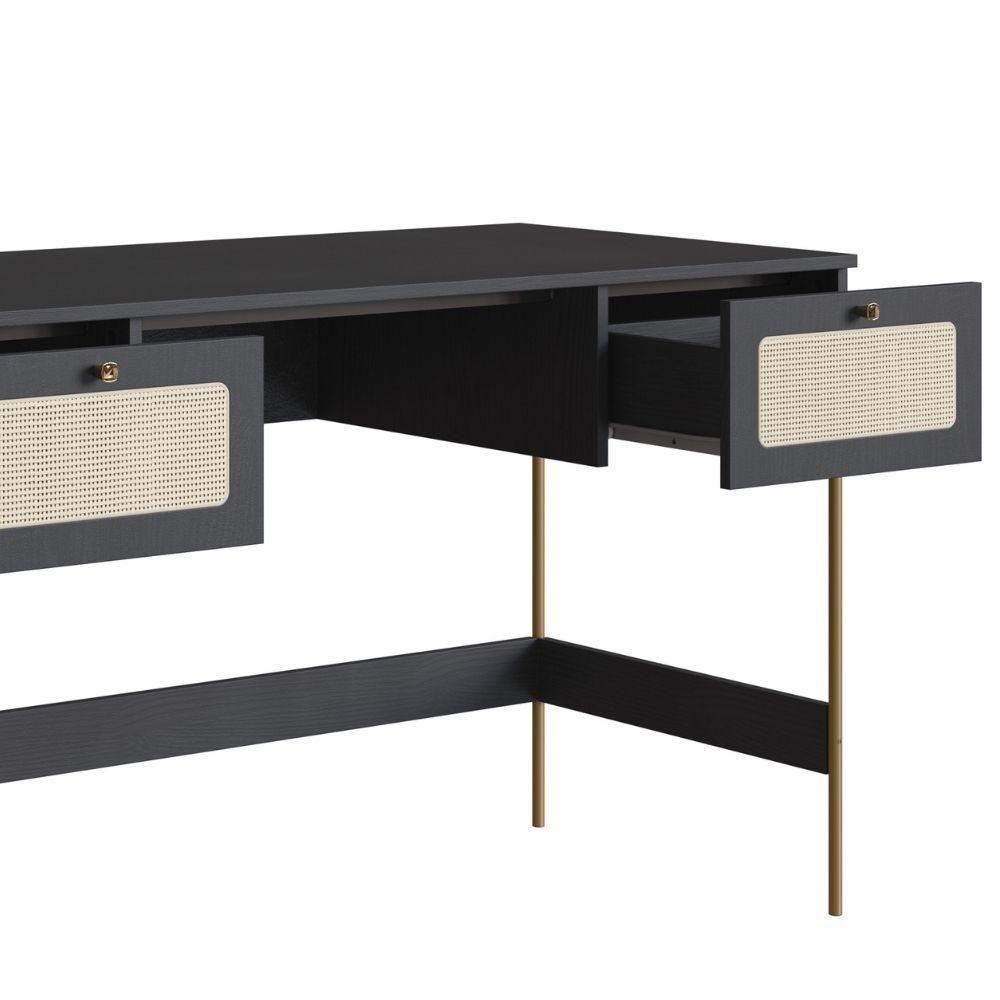 Escrivaninha 2 Gavetas Oslo Artesano 139 Cm (largura) Mdp Nero Palha Sintética Bege Pé Metal Dourado - 4