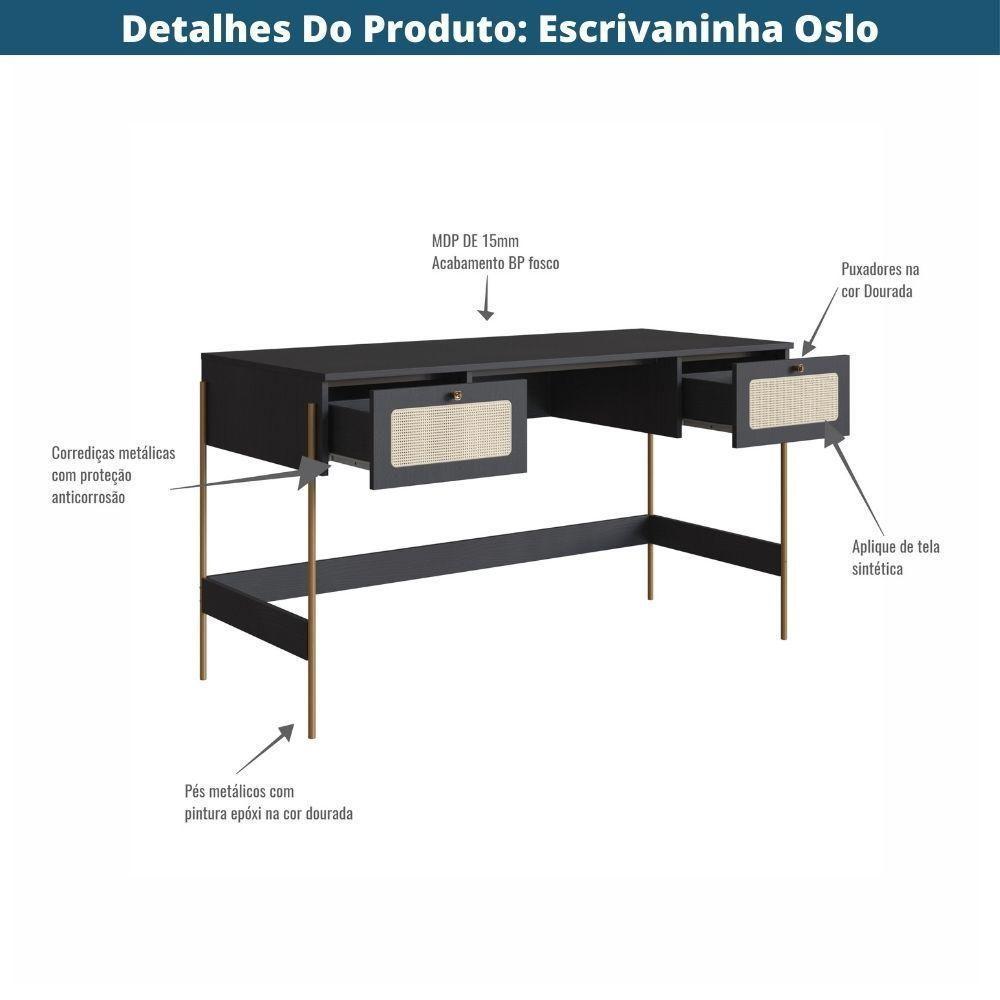 Escrivaninha 2 Gavetas Oslo Artesano 139 Cm (largura) Mdp Nero Palha Sintética Bege Pé Metal Dourado - 5