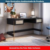 Escrivaninha 2 Gavetas Oslo Artesano 139 Cm (largura) Mdp Nero Palha Sintética Bege Pé Metal Dourado - 6