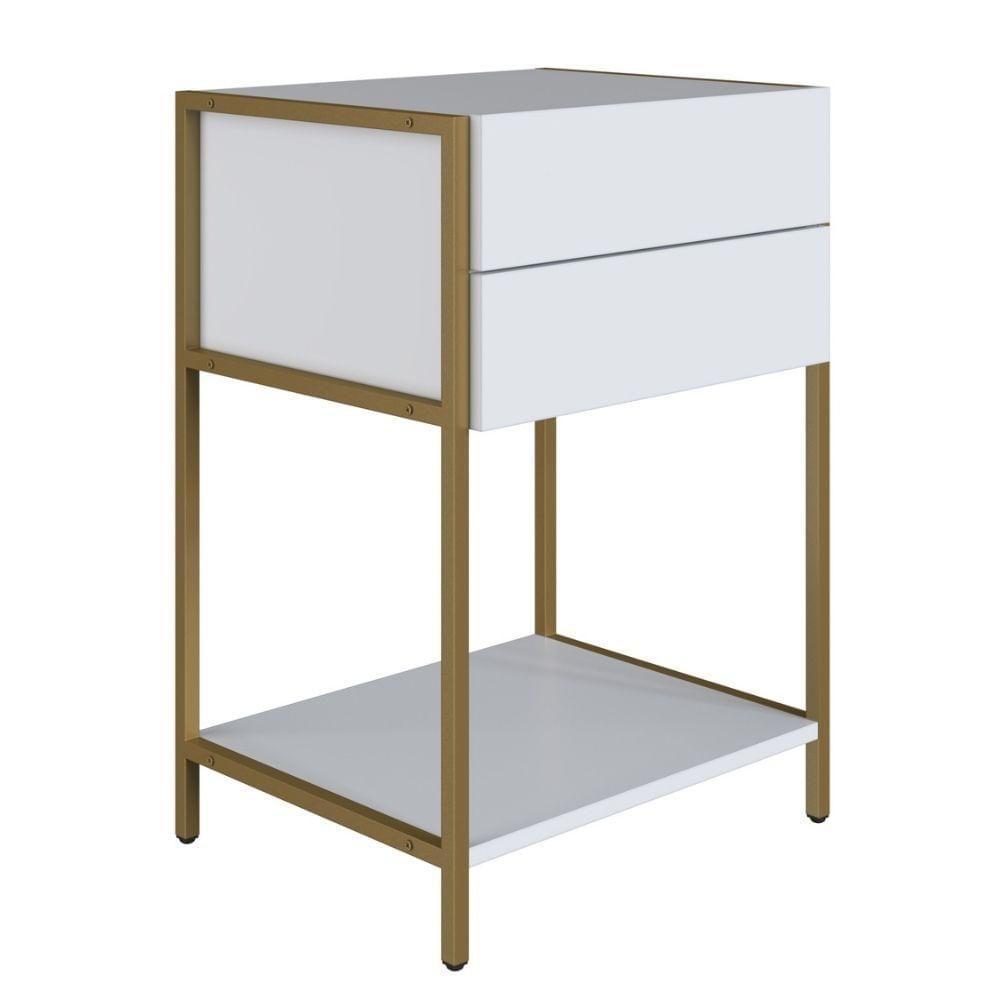 Mesa De Cabeceira Artesano 45 Cm (larg) Mdp Branco Aço Carbono Dourado Com 2 Gavetas E 1 Prateleira - 1