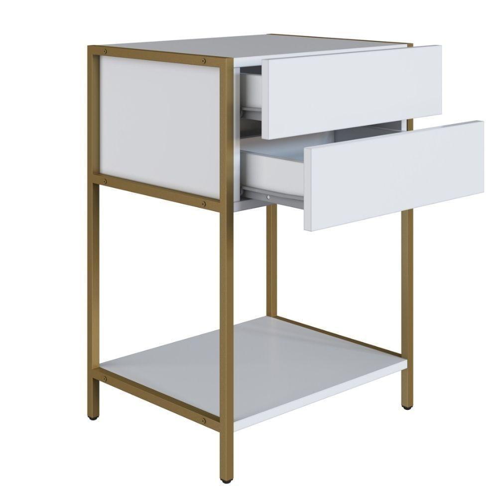 Mesa De Cabeceira Artesano 45 Cm (larg) Mdp Branco Aço Carbono Dourado Com 2 Gavetas E 1 Prateleira - 2