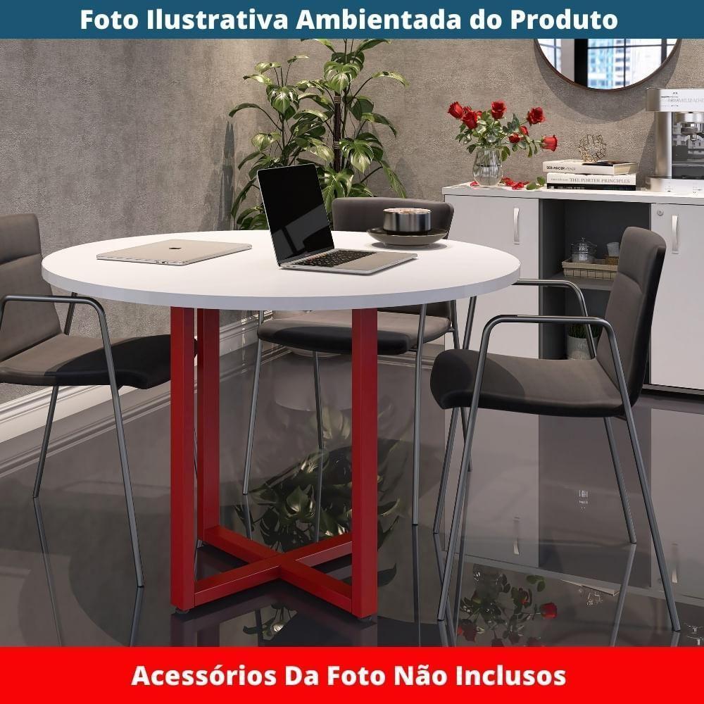 Mesa De Reunião Redonda P25 Pandin 110 Cm (largura) Tampo Mdp Branco Pé Aço Tubular Vermelho - 4