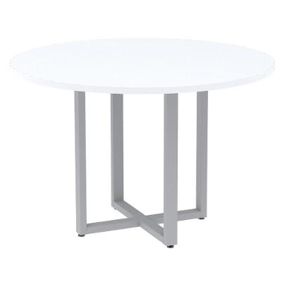 Mesa De Reunião Redonda P25 Pandin 110 Cm (largura) Tampo Mdp Branco Pé Aço Tubular Cinza