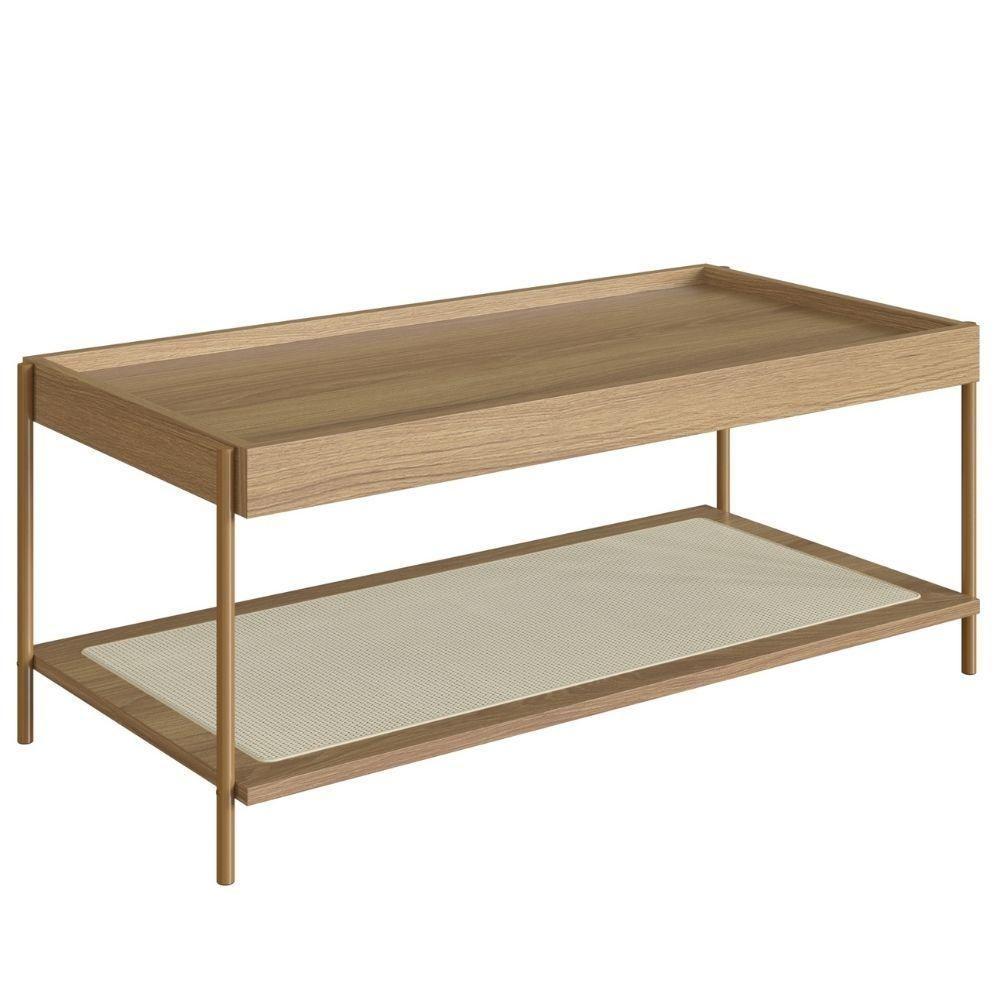 Mesa Centro Retangular Oslo Artesano 93 Cm (larg) Mdp Hanover Palha Sintética Bege Pé Metal Dourado - 1