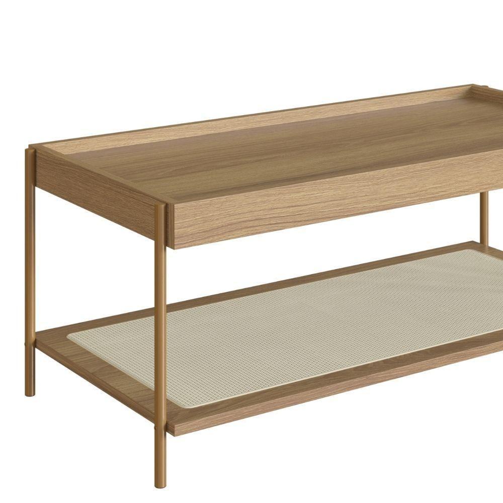 Mesa Centro Retangular Oslo Artesano 93 Cm (larg) Mdp Hanover Palha Sintética Bege Pé Metal Dourado - 3