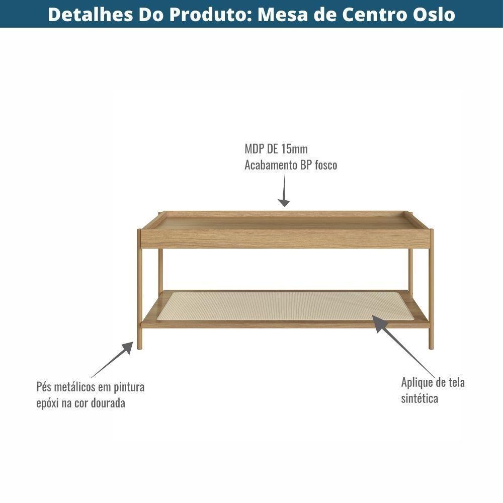 Mesa Centro Retangular Oslo Artesano 93 Cm (larg) Mdp Hanover Palha Sintética Bege Pé Metal Dourado - 4