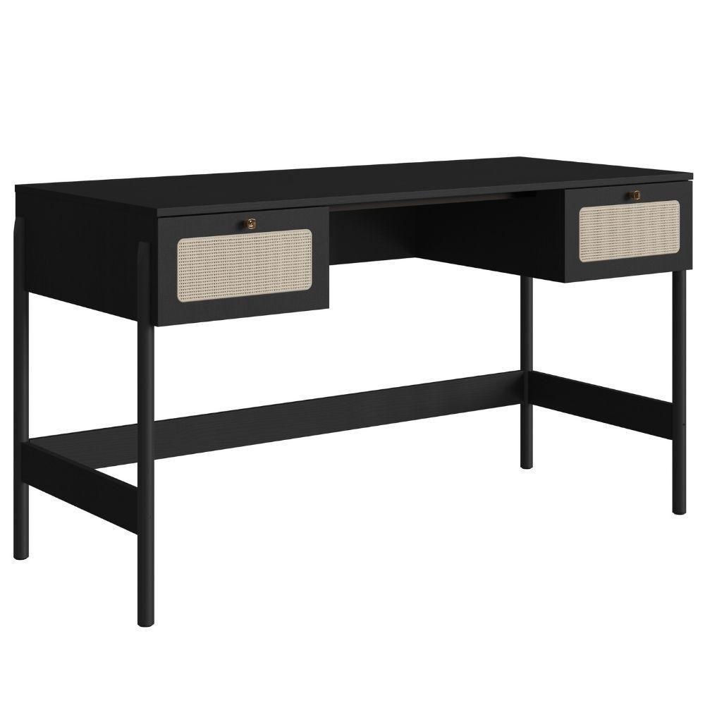 Escrivaninha 2 Gavetas Oslo Artesano 139cm (largura) Mdp Nero Palha Sintética Bege Pé Madeira Maciça - 1