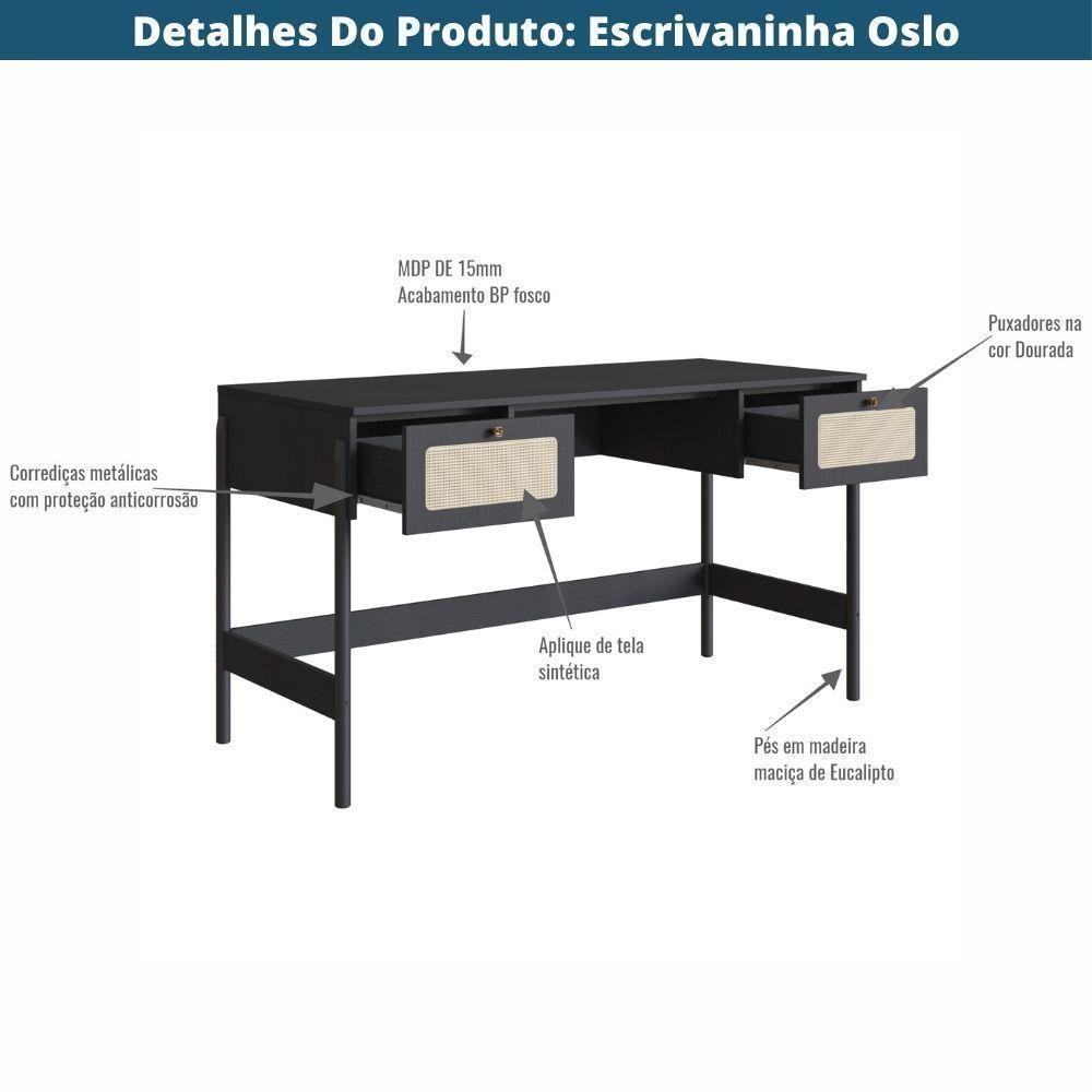 Escrivaninha 2 Gavetas Oslo Artesano 139cm (largura) Mdp Nero Palha Sintética Bege Pé Madeira Maciça - 5