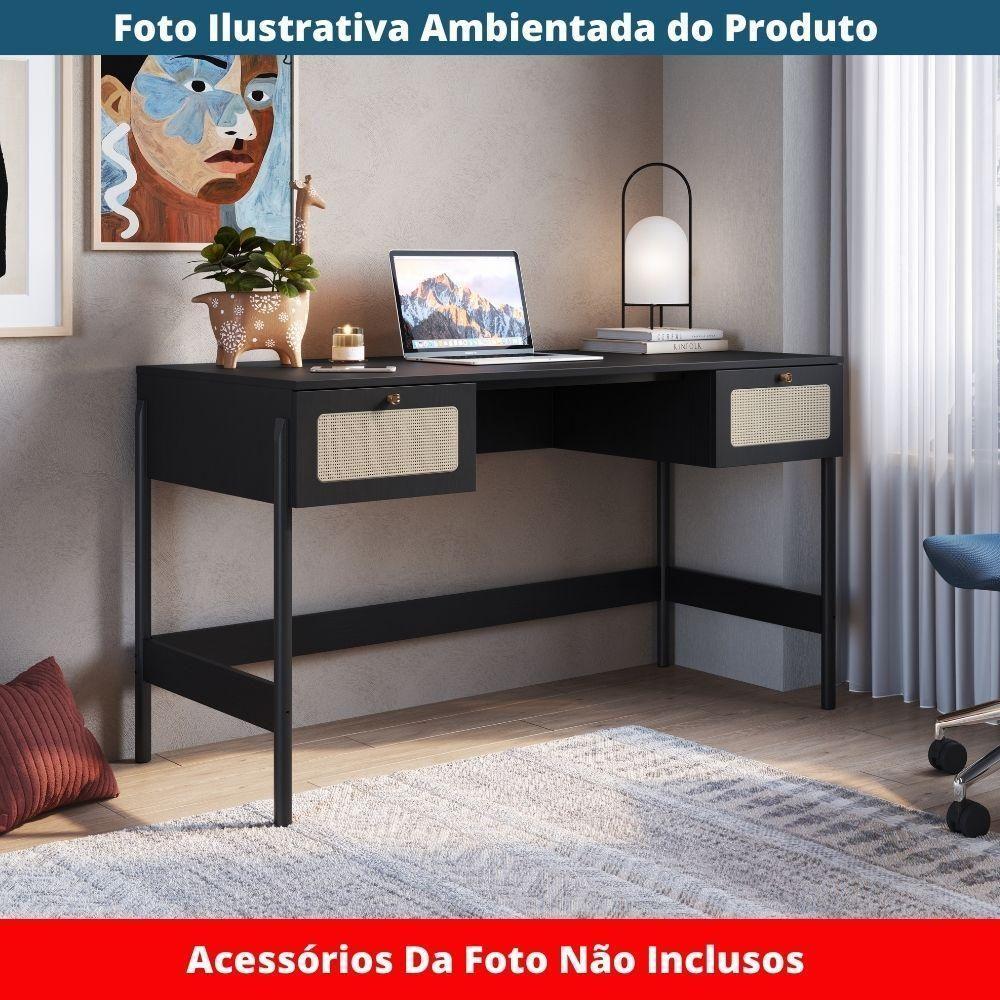 Escrivaninha 2 Gavetas Oslo Artesano 139cm (largura) Mdp Nero Palha Sintética Bege Pé Madeira Maciça - 6