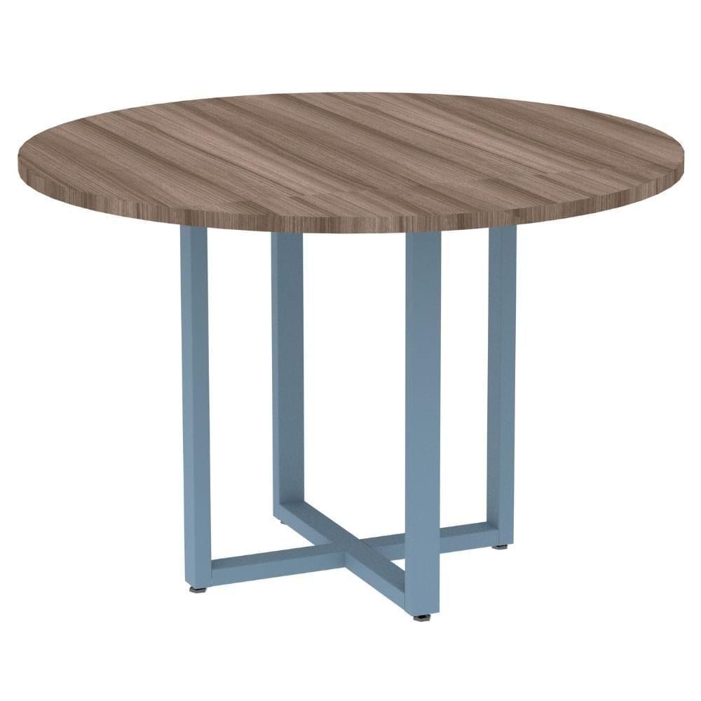 Mesa De Reunião Redonda P25 Pandin 110 Cm (largura) Tampo Mdp Walnut Pé Aço Tubular Azul Dali - 1
