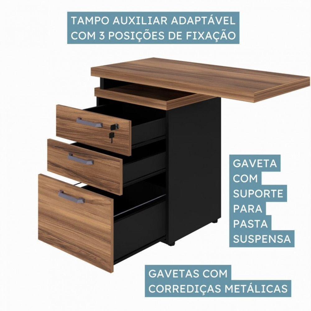 Gaveteiro Lateral Office Com Extensão 2 Gavetas E 1 Pasta Nogal-preto - 9