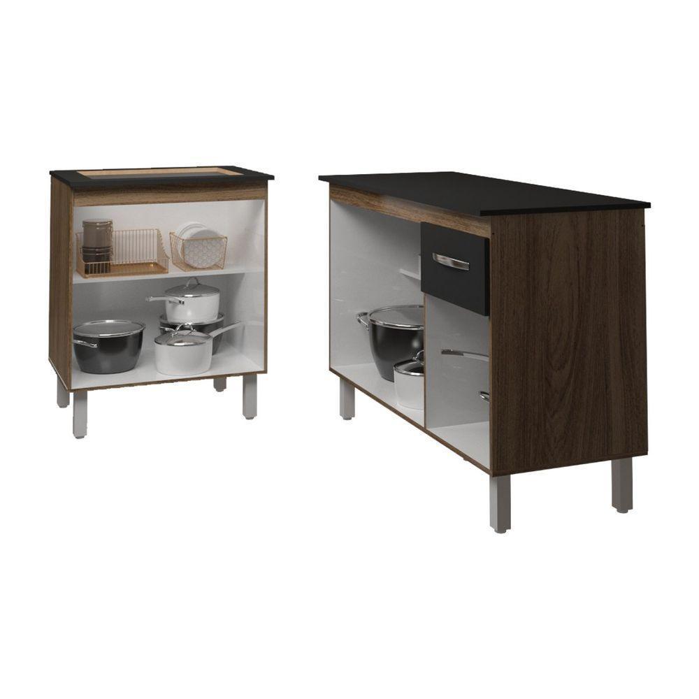 Balcão Para Cooktop 4 Bocas Fran E Armário Aline 118 Cm Cozinha Gabinete Preto Com Tampo Tampão Preto - 4