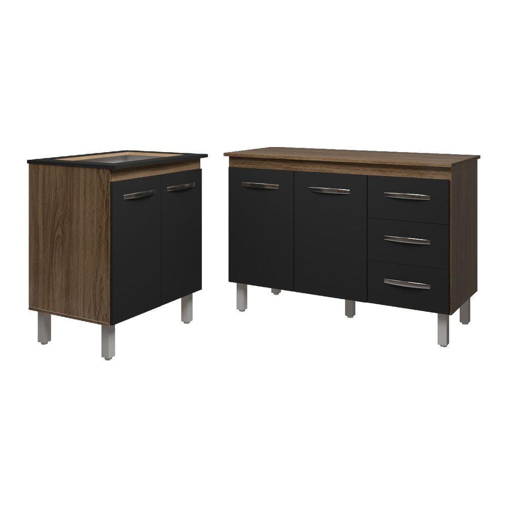 Balcão Para Cooktop 4 Bocas Fran E Armário Bruna 118 Cm Cozinha Gabinete Preto Com Tampo Tampão - 1