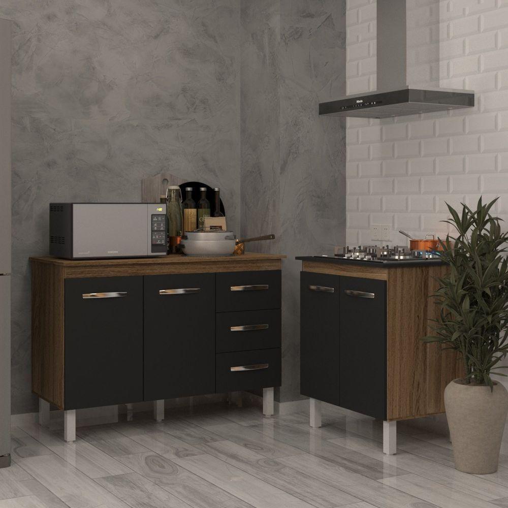 Balcão Para Cooktop 4 Bocas Fran E Armário Bruna 118 Cm Cozinha Gabinete Preto Com Tampo Tampão - 4