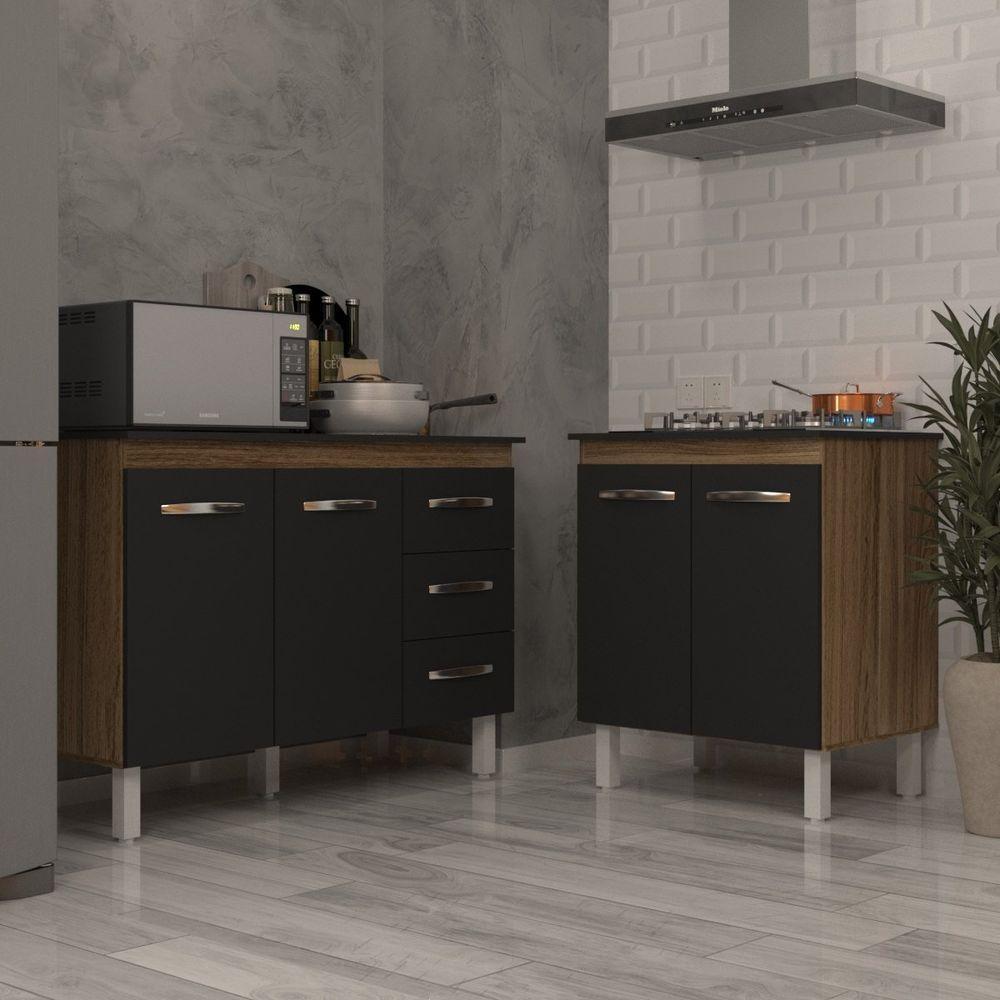 Balcão Para Cooktop 5 Bocas Fran E Armário Bruna 118 Cm Cozinha Gabinete Preto Com Tampo Tampão Preto - 3