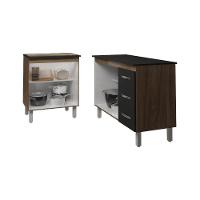 Balcão Para Cooktop 5 Bocas Fran E Armário Bruna 118 Cm Cozinha Gabinete Preto Com Tampo Tampão Preto - 5