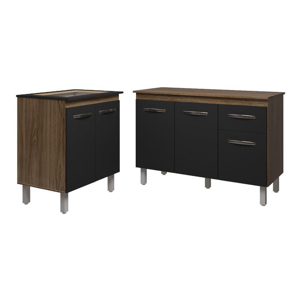 Balcão Para Cooktop 4 Bocas Fran E Armário Aline 118 Cm Cozinha Gabinete Preto Com Tampo Tampão - 1