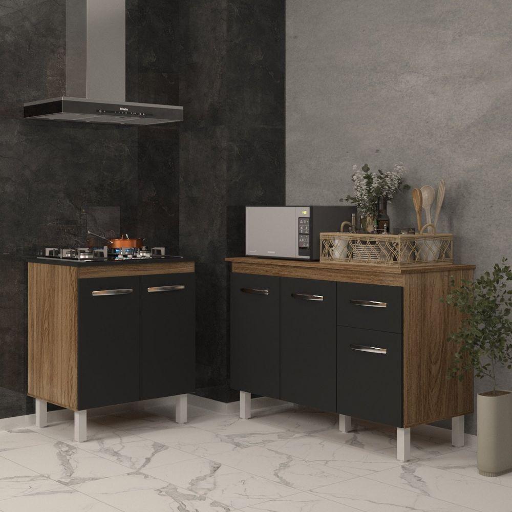 Balcão Para Cooktop 4 Bocas Fran E Armário Aline 118 Cm Cozinha Gabinete Preto Com Tampo Tampão - 3