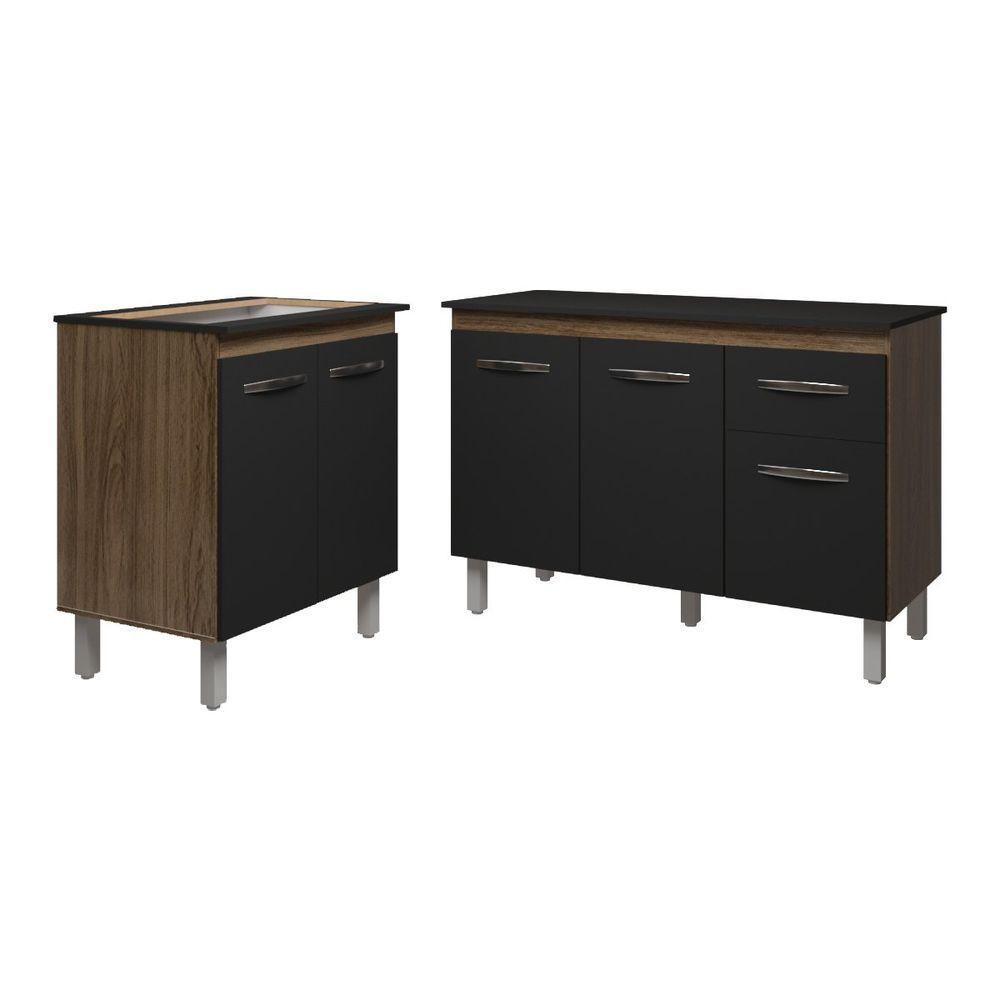 Balcão Para Cooktop 5 Bocas Fran E Armário Aline 118 Cm Cozinha Gabinete Preto Com Tampo Tampão Preto - 1