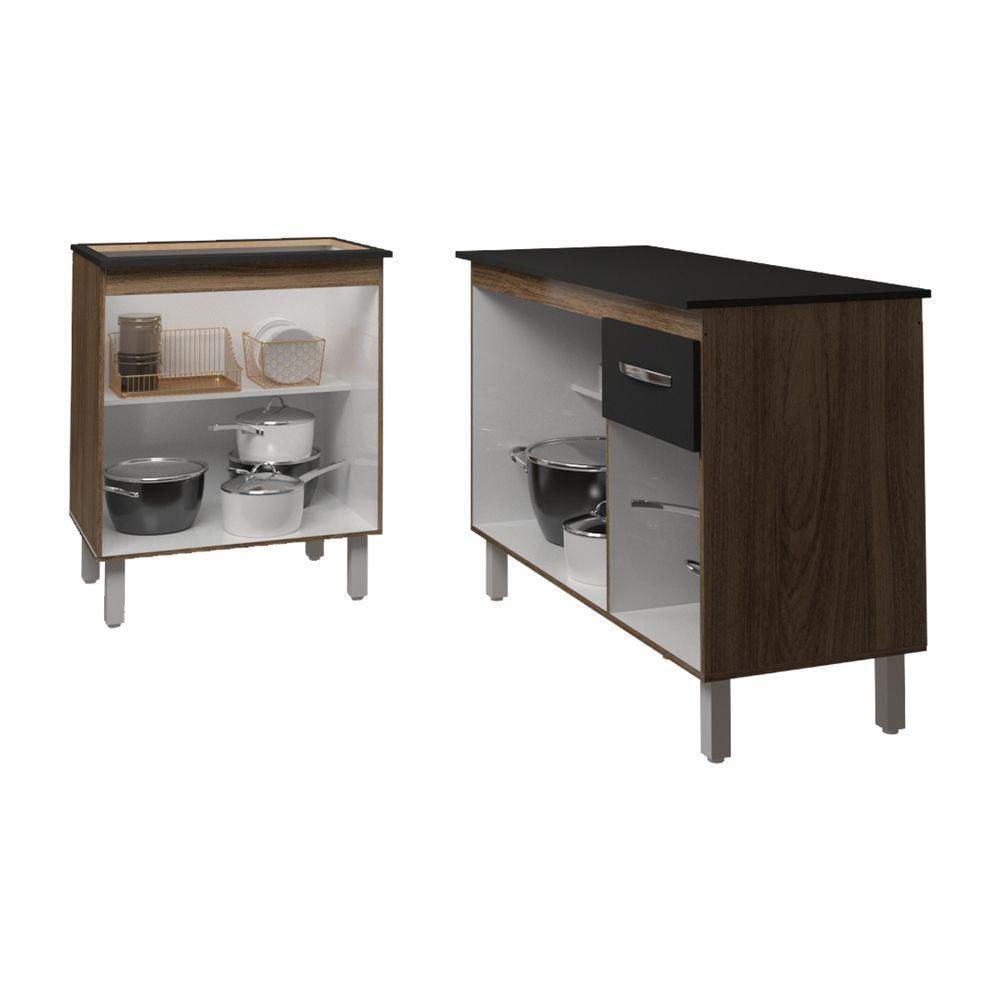 Balcão Para Cooktop 5 Bocas Fran E Armário Aline 118 Cm Cozinha Gabinete Preto Com Tampo Tampão Preto - 2