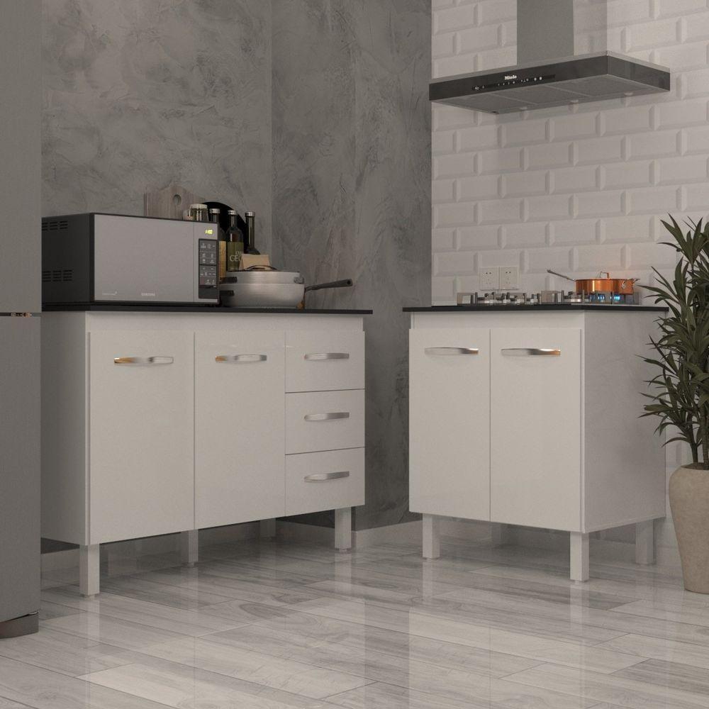 Balcão Para Cooktop 4 Bocas Fran Branco E Armário Bruna 118 Cm Cozinha Gabinete Branco Com Tampo Tampão Preto - 2