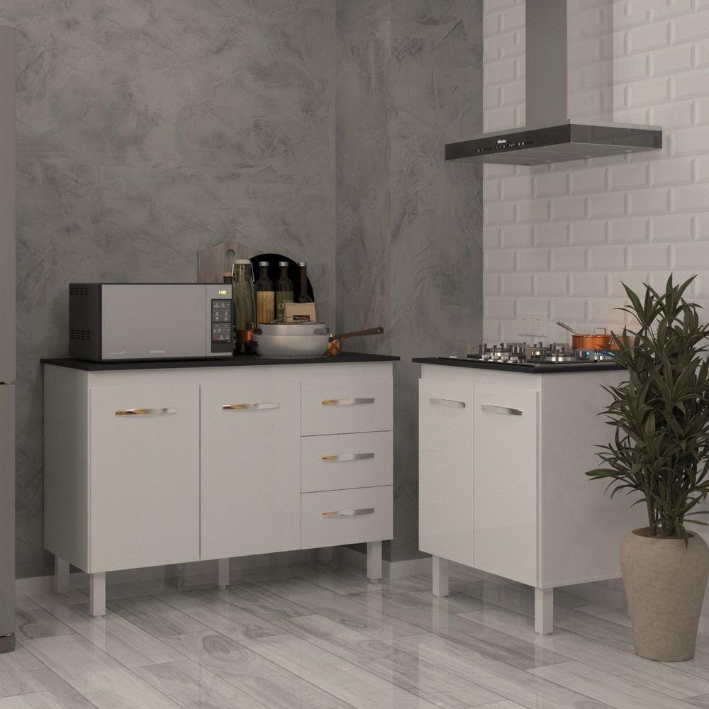 Balcão Para Cooktop 4 Bocas Fran Branco E Armário Bruna 118 Cm Cozinha Gabinete Branco Com Tampo Tampão Preto - 3