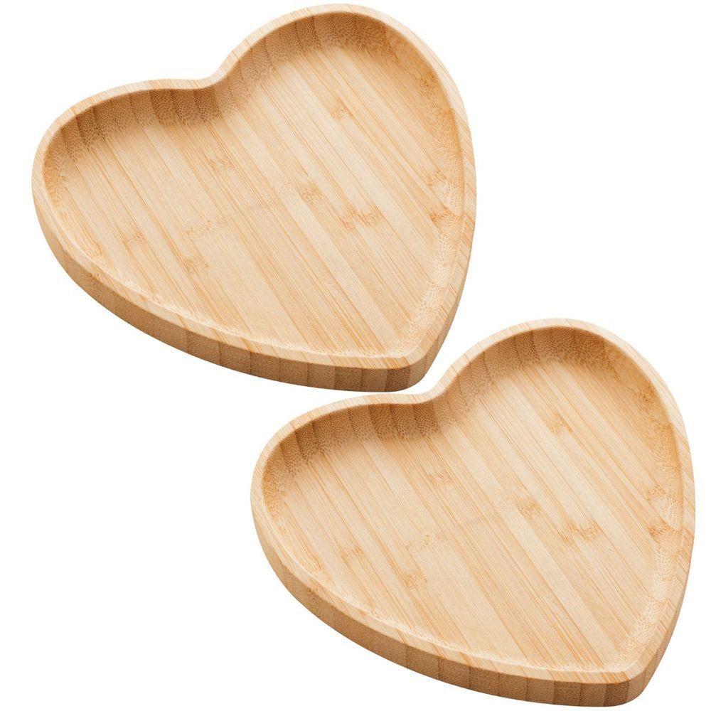 Kit Com 2 Bandejas De Coração Em Bambu Servir Decorar 17x16,5cm - 1