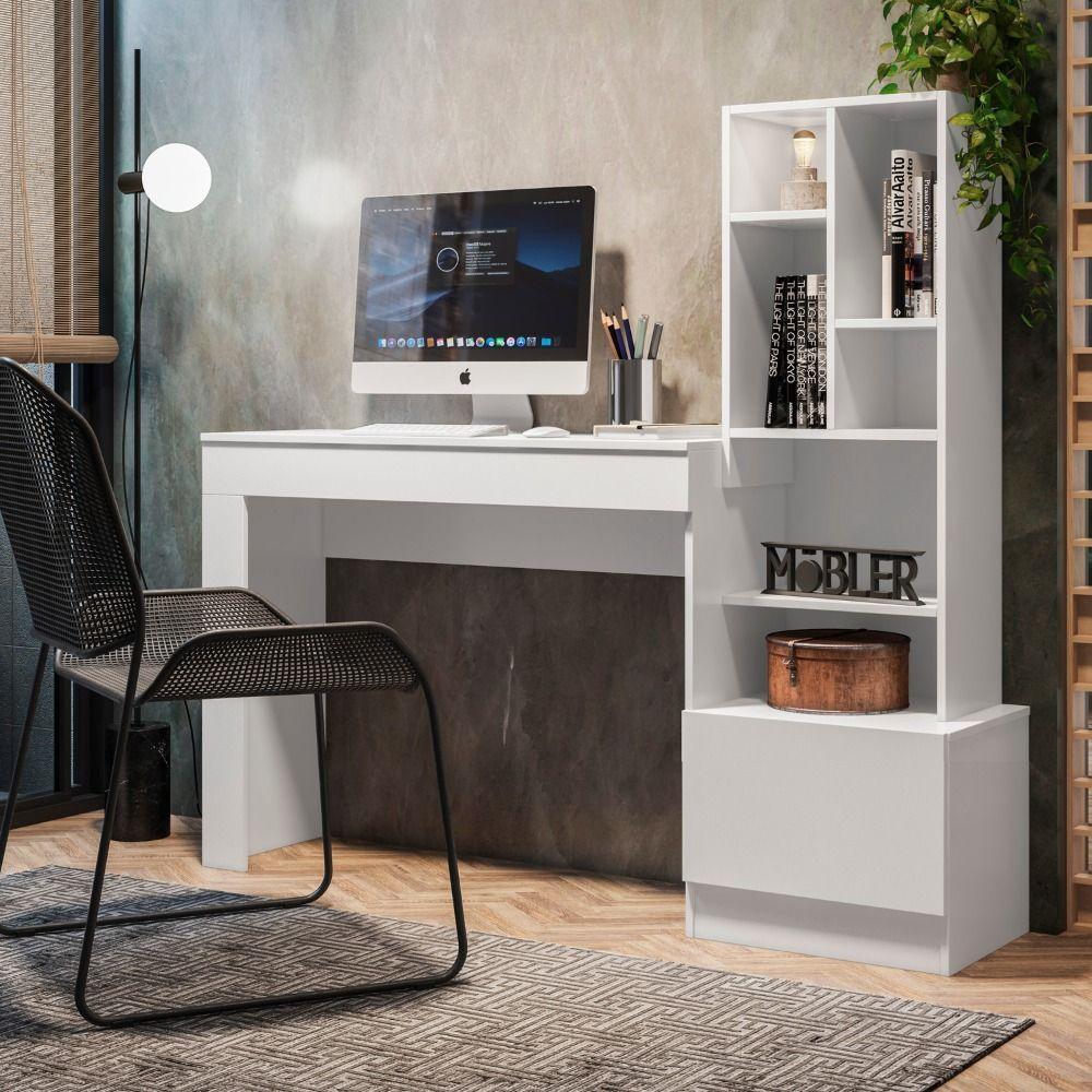 Escrivaninha Office Com Estante Biblioteca Lion Branco Fosco - Mabe Magazine - 1