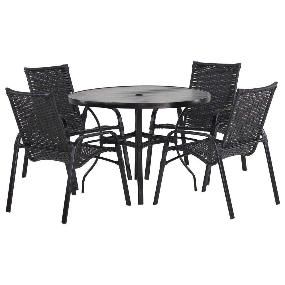 4 Cadeiras E Mesa Tampo Ripado área Jardim Varanda Piscina Preto - 1