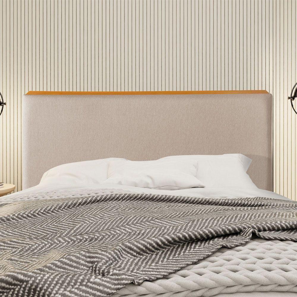 Cabeceira Cama Box Queen 1,60m Estofada Detalhe Em Madeira Java Linho Bege - 1