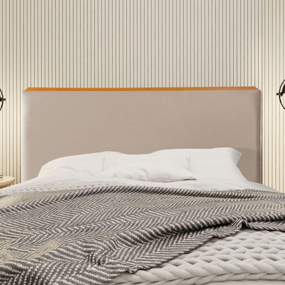 Cabeceira Cama Box Queen 1,60m Estofada Detalhe Em Madeira Java Veludo Bege - 1