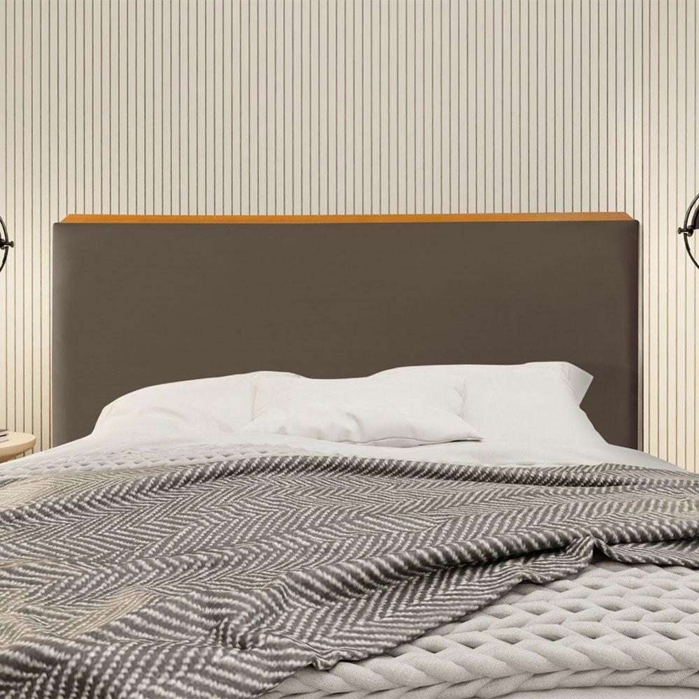 Cabeceira Cama Box Queen 1,60m Estofada Detalhe Em Madeira Java Veludo Marrom - 1