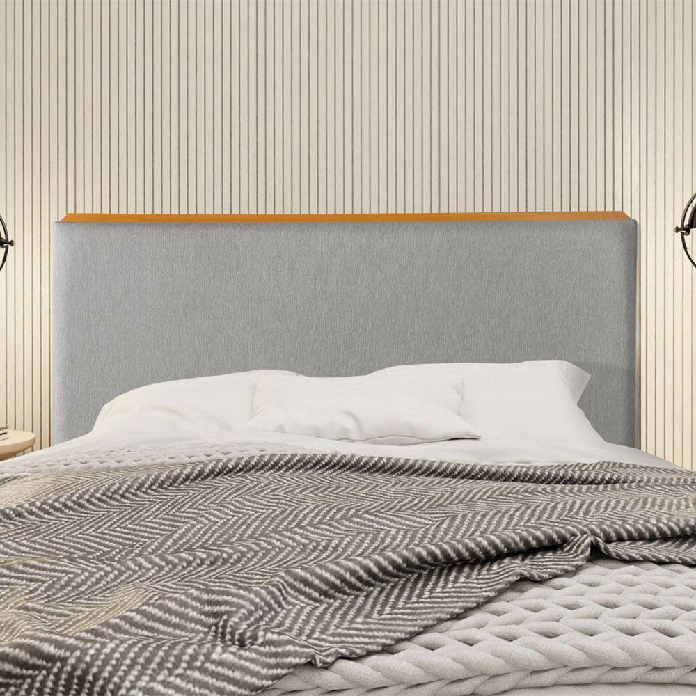 Cabeceira Cama Box King 1,93m Estofada Detalhe Em Madeira Java Linho Cinza - 1