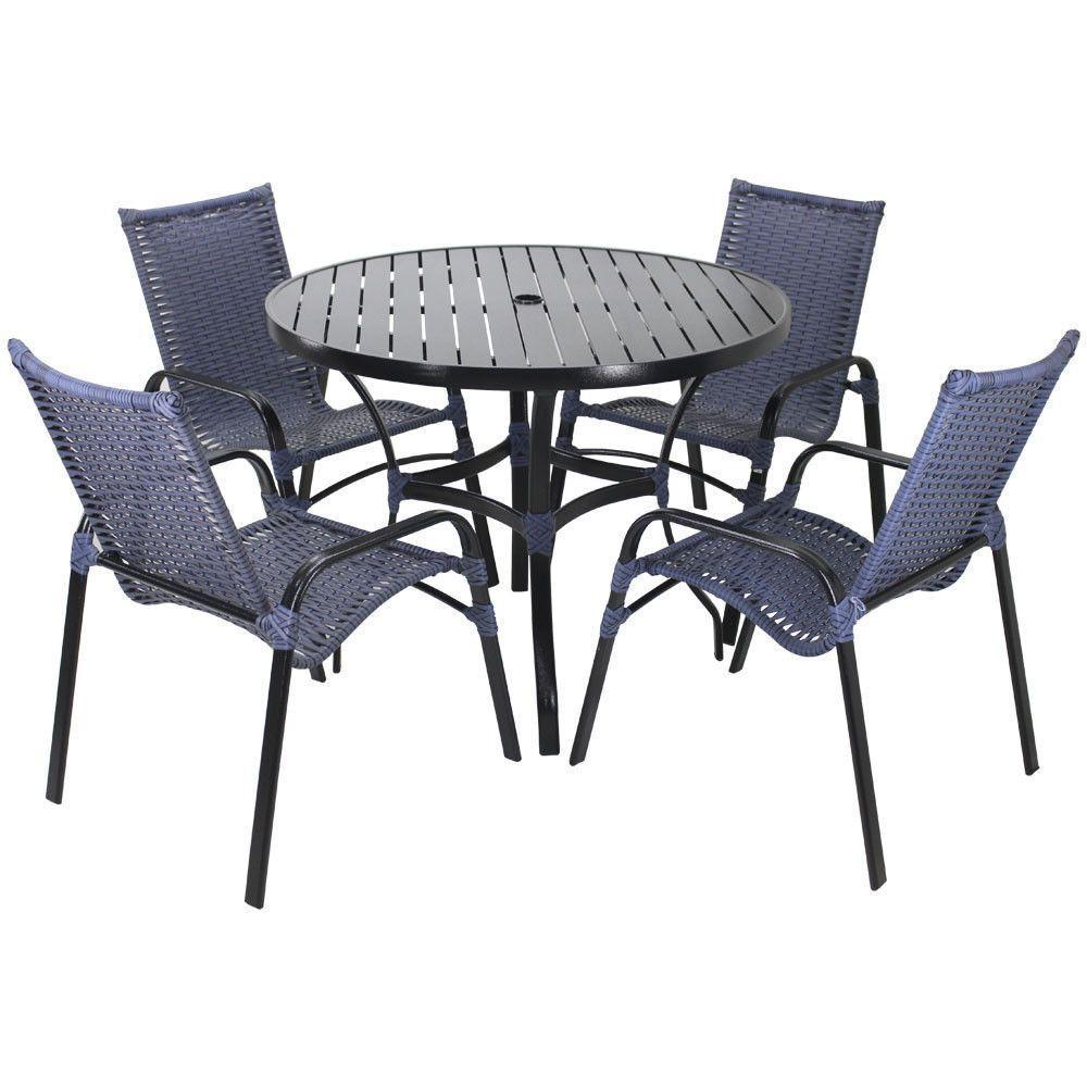 4 Cadeiras E Mesa Tampo Ripado área Jardim Varanda Piscina Azul Dark - 1