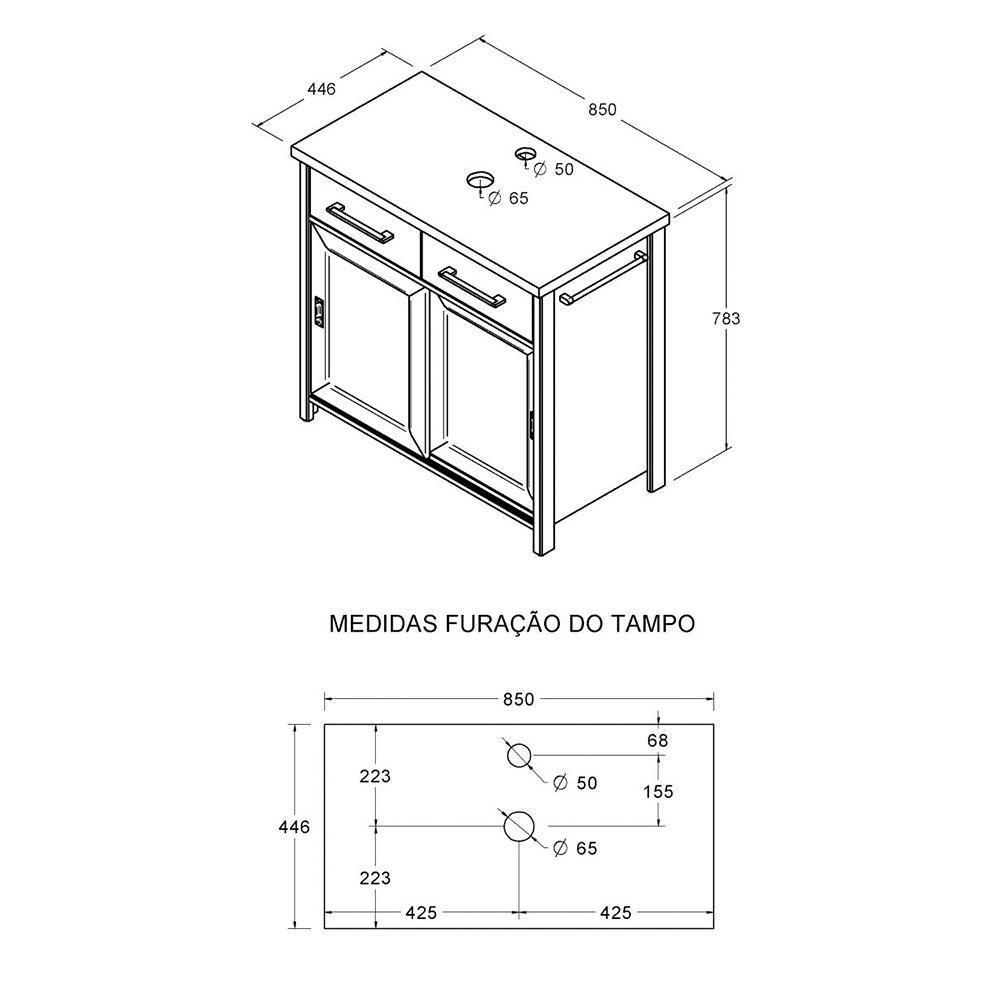 Gabinete Banheiro Com Tampo 2 Pt 2 Gv 85 Cm Bn04 Branco Dtall - 4