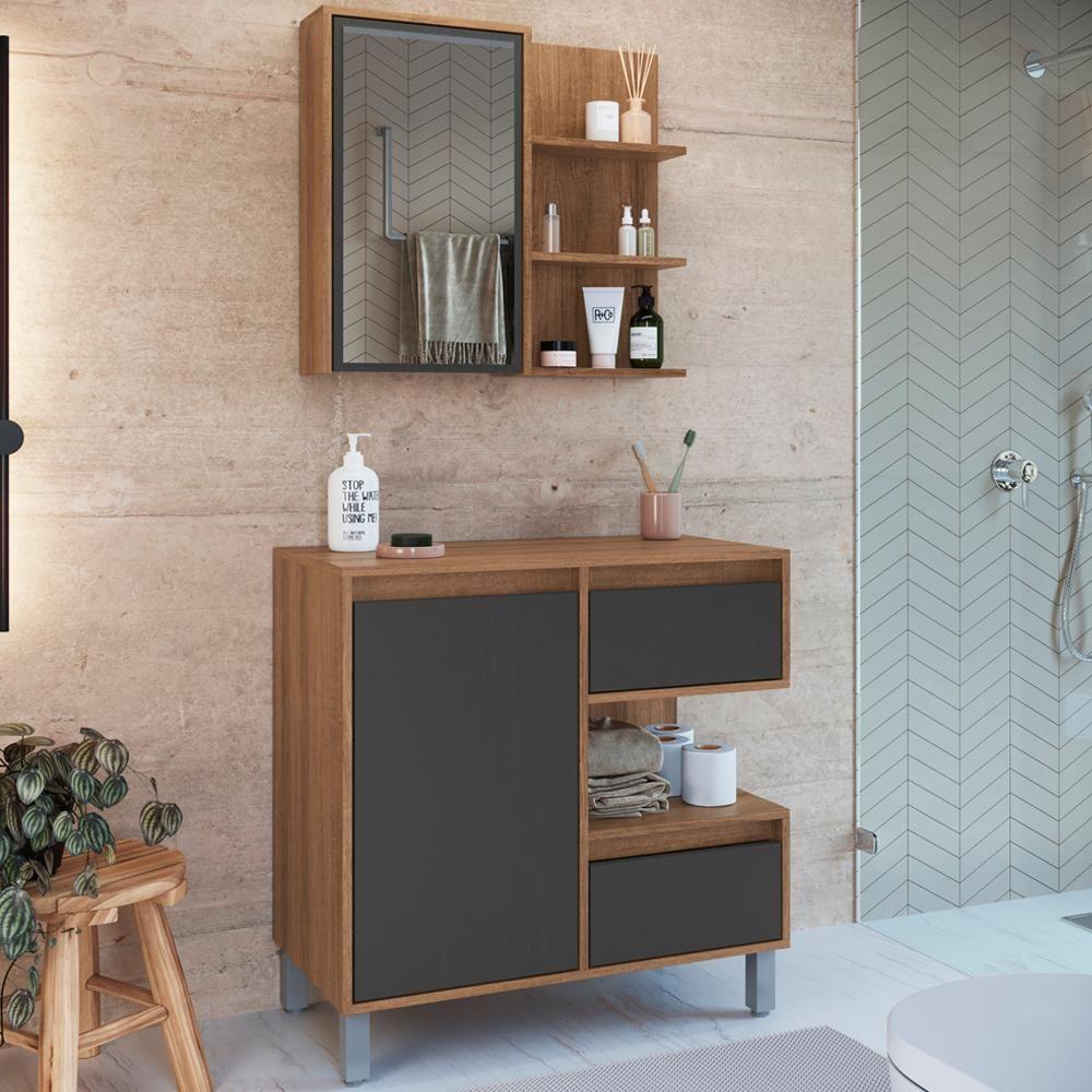 Gabinete Suspenso 80 Cm E Espelheira Cj2001 Mell Grafite Faem Mell Grafite - 2