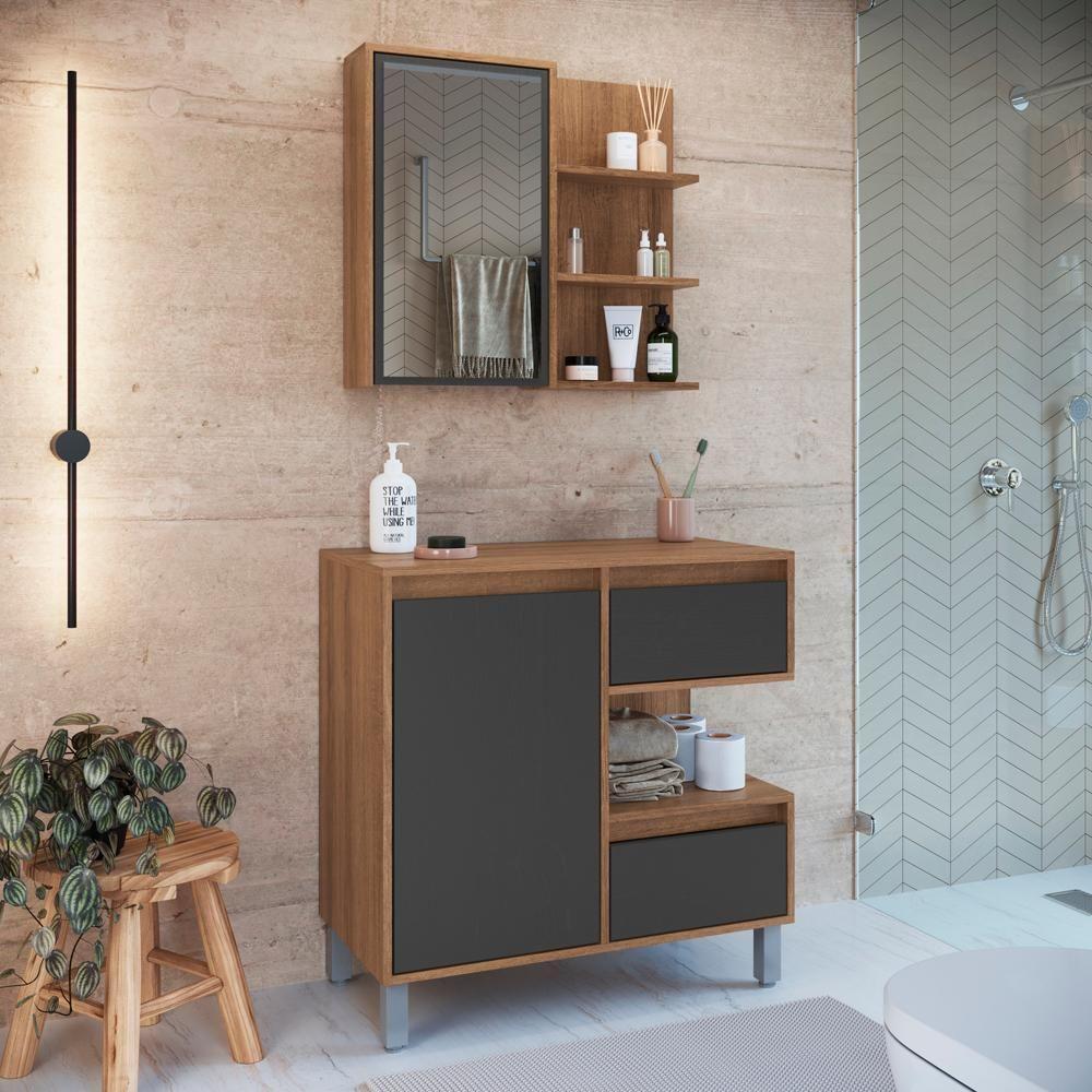 Gabinete Suspenso 80 Cm E Espelheira Cj2001 Mell Grafite Faem Mell Grafite - 9