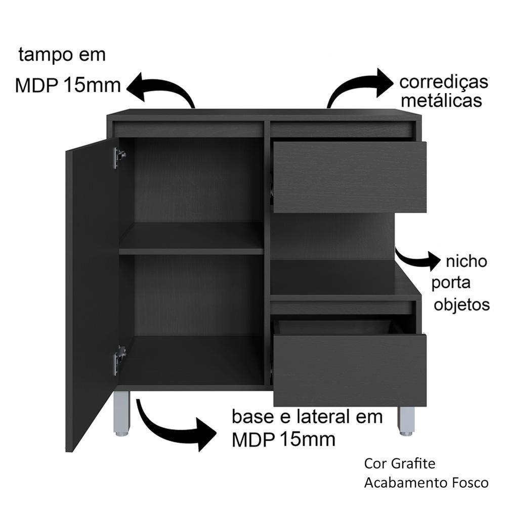 Gabinete Suspenso 1 Porta E 2 Gavetas 80 Cm Bl2001 Grafite Faem Grafite - 3